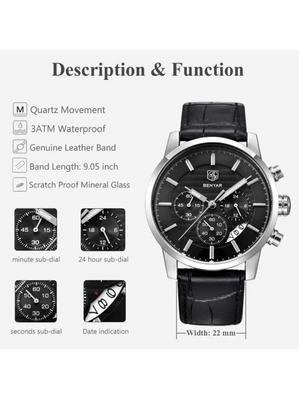 Stylish Waterproof Quartz Chronograph Watch for Men - Leather Band, Sport